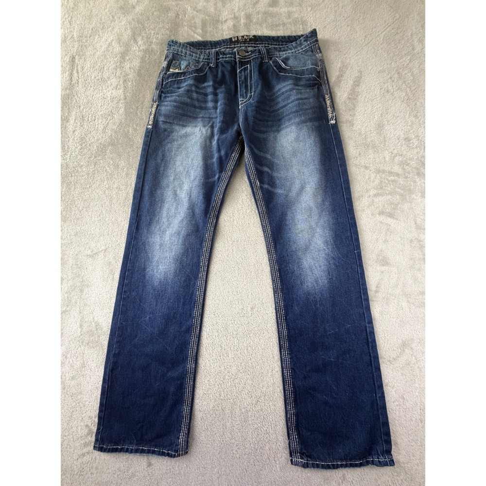 Black Premium Relaxed Straight Jeans Mens 34/32 Blue Contrast Stitch Denim